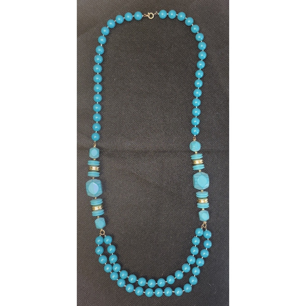 Vintage 1980s Turquoise Colored Bead Statement Necklace Gold Tone 30"